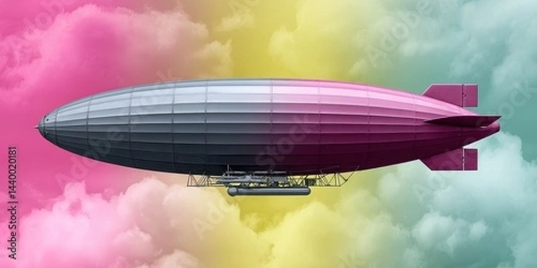 Obraz A vintage airship floats against a vibrant, colorful sky with pink, yellow, and green clouds.