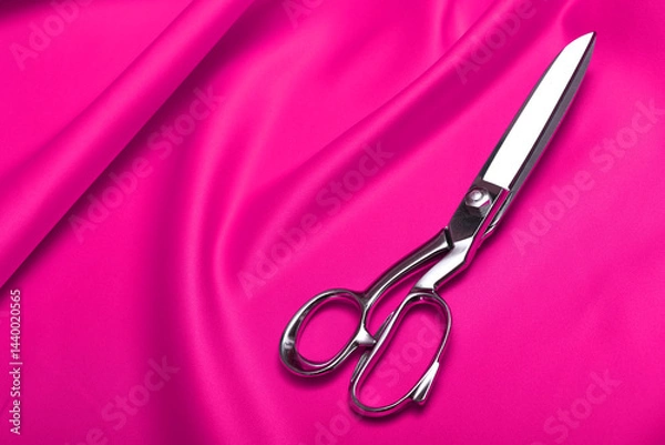 Fototapeta Close-up of luxurious pink American satin, known for its stiffness and elegant sheen. A premium textile perfect for structured garments, décor, and sophisticated fashion pieces. Sewing scissors atop.