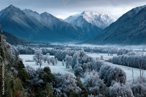 Fototapeta Snowy mountain valley, frosted trees