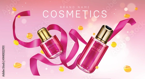 Fototapeta Perfume bottles with pink ribbon and confetti vector