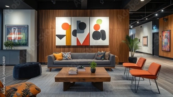 Fototapeta Modern lobby lounge with artwork, comfortable seating, and hallway view