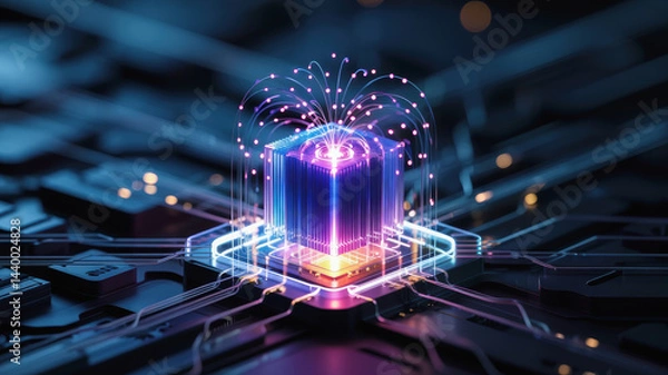 Fototapeta Agentic ai technology concept with glowing futuristic processor and digital data flow in dark environment