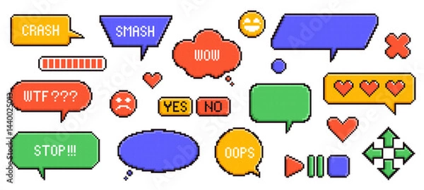Obraz Pixel game speech bubbles. Retro computer graphic, 8 bit game design elements, dialogue text boxes and message balloons, communication symbol, icon buttons with heart, nowaday vector set