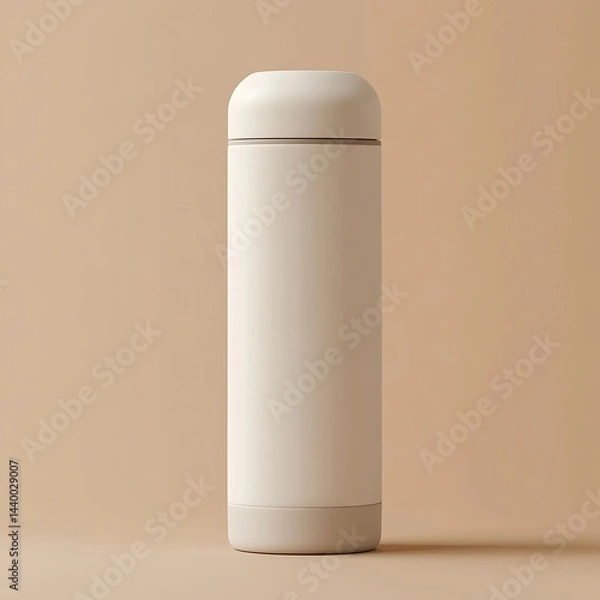 Obraz White insulated bottle with beige background. (10)
