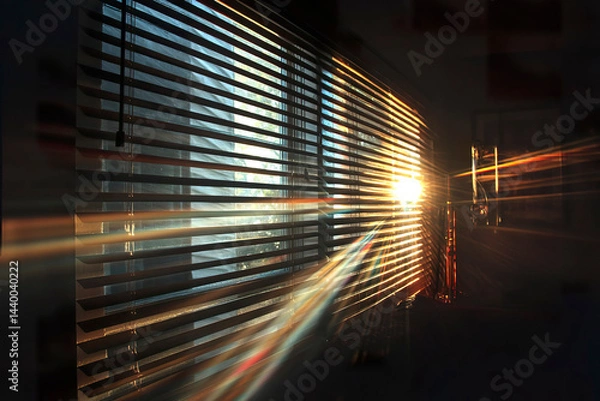 Fototapeta A bright ray of sunlight makes its way through the blinds into a dark room of a city apartment.