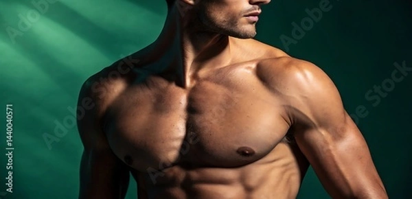 Obraz A muscular man with toned physique, posing shirtless against a green backdrop.