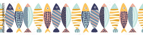 Fototapeta Vector seamless horizontal border with fish. Cute illustration. Sardines.