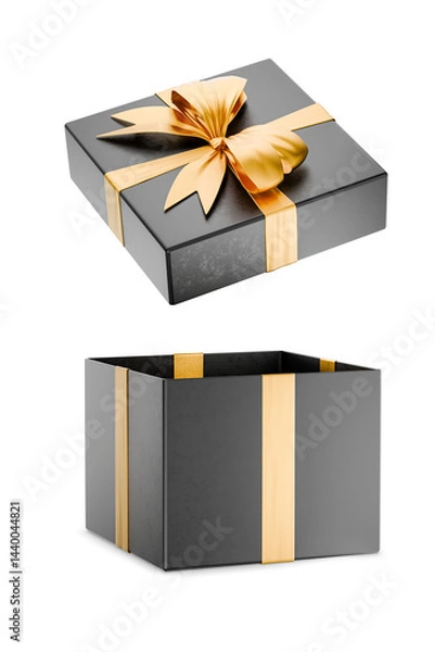 Fototapeta Open dark gift box with gold ribbon symbolizing luxury and celebration. Open dark gift box with gold ribbons. Christmas gift. Sale. Gift certificate. Valentine's Day. Transparent background. 3d render