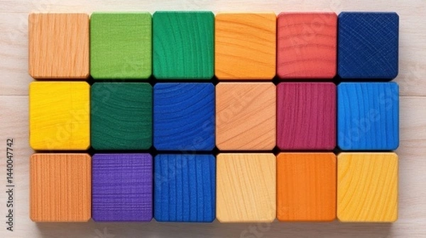 Fototapeta Colorful wooden cubes arranged in a standard grid playroom setting educational toy display top-down view