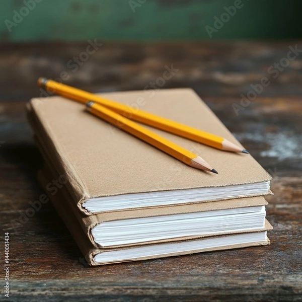 Fototapeta August Summer BacktoSchool Stack of blank notebooks and pencils on a rustic desk soft natural light nostalgic academic prep Image