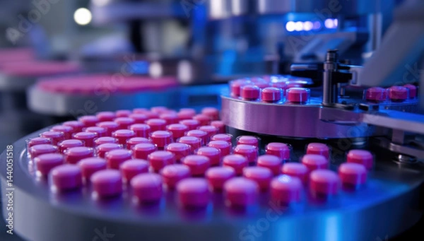 Obraz High tech pharmaceutical production with pink tablets on conveyor belt, showcasing modern manufacturing processes