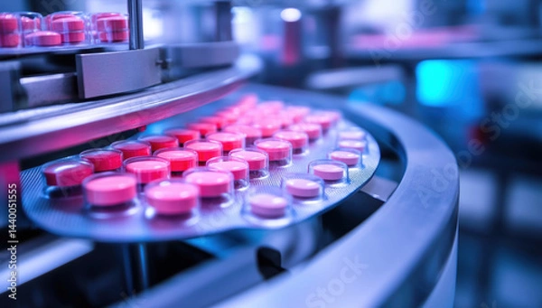 Obraz Automated production line for pharmaceutical tablets, showcasing pink pills circular tray, emphasizing efficiency