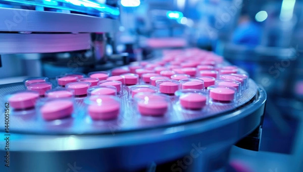 Obraz Efficient production of pink tablets on conveyor belt in pharmaceutical facility, showcasing modern technology and precision