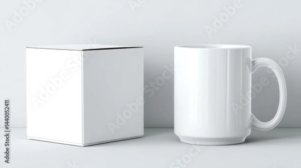 Fototapeta Minimalistic white mug and cube box on a light background, suitable for product showcasing