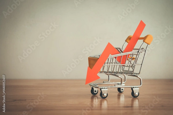 Fototapeta Shopping trolley with red chart falling down on wooden table white wall background copy space. Economic recession crisis, core retail sales decrease, inflation or goods price up concept.