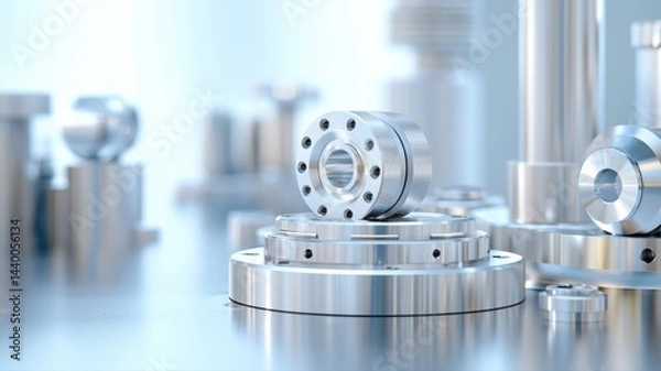 Fototapeta Precision Machined Metal Parts on Reflective Surface metal machined parts precision engineering tool