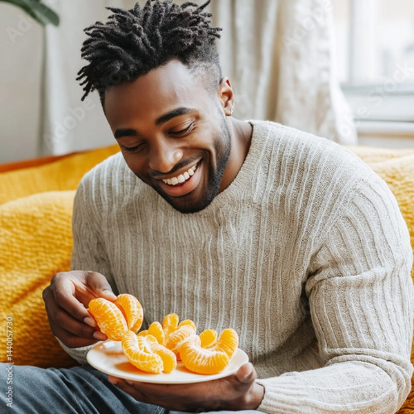 Obraz Happy African-American Man Enjoying Fresh Citrus Fruits While Relaxing at Home on a Cozy Afternoon