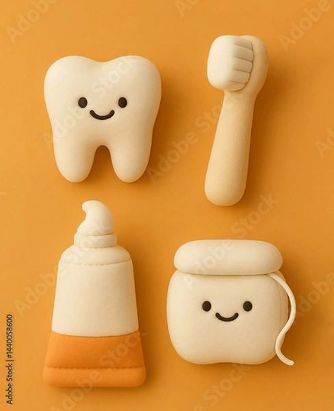 Obraz Cute soft plush tooth, toothbrush, toothpaste and floss toys made from matt white fabric. Cute toy for dental care, children’s dentistry, pediatric dentistry, health education, playful dental concept.