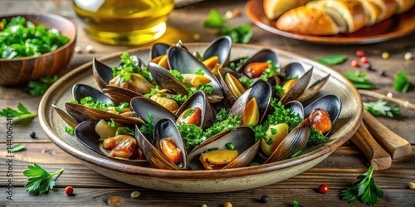 Fototapeta Steamed mussels on a plate with garlic butter and parsley, savory, aromatic
