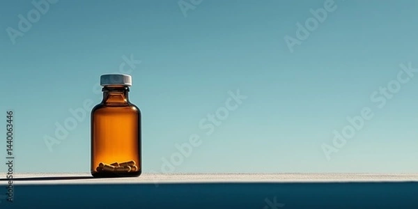 Fototapeta a bottle containing a medicine capsule is placed on the left side of the image, flat blue background, there is a lot of copy space on the right side of the image