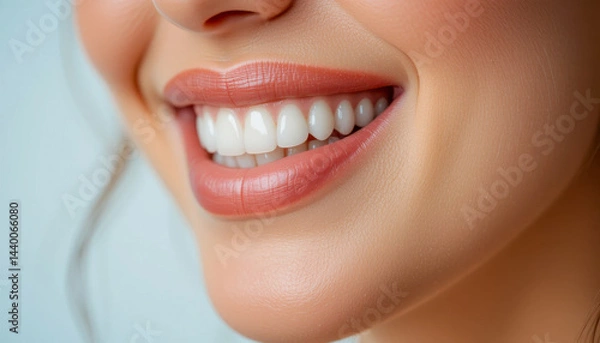 Obraz Close-up of a woman's radiant smile, showcasing impeccably white teeth and healthy, rosy lips.  The image emphasizes oral health and beauty.