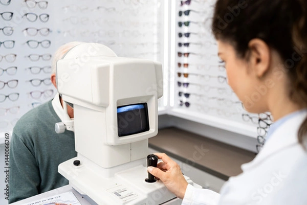 Obraz Professional ophthalmologist testing patient eyesight and diopter using auto refractor optics instrument.