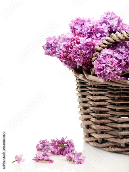 Fototapeta Lilac blossoms collected in a basket, selective focus, white background