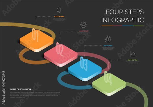 Fototapeta Vector Four Steps Isometric Infographic Timeline on Dark Background