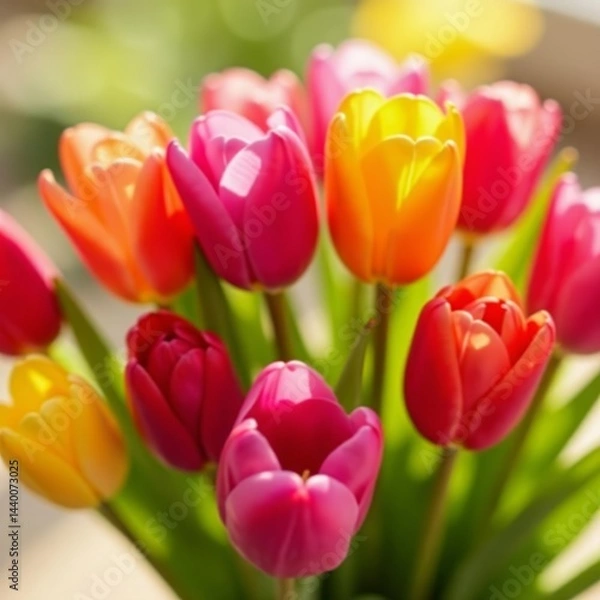 Fototapeta Close up of bright tulips in various colors arranged in a beautiful bouquet, bright, tulips, colorful