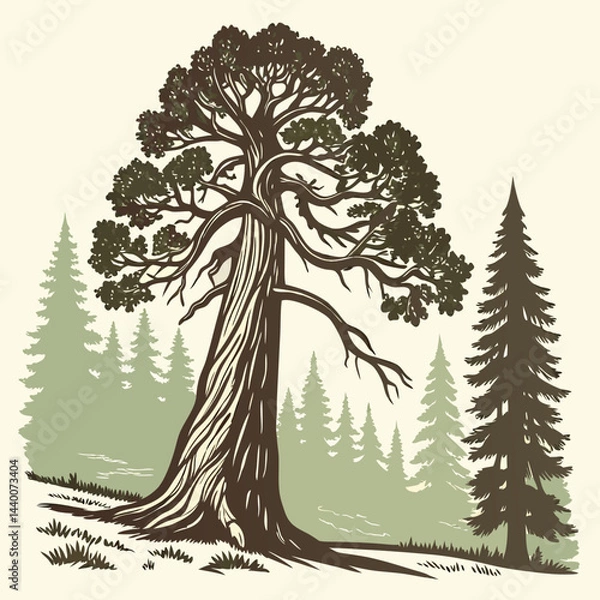 Obraz A detailed vector illustration of the President Tree, the iconic giant sequoia in Sequoia National Park, California, showcasing its towering presence and intricate bark texture.