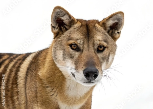 Obraz  Frontal Majestic Stare of a Tasmanian Tiger with Direct Eye Contact – Bold, High-Resolution Studio Portrait on White