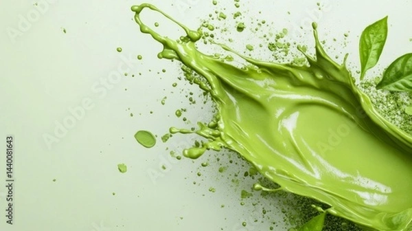 Fototapeta A green paint splatter with a leaf on it