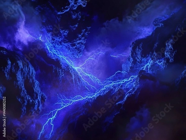 Fototapeta 3D - rendered blue lightning amidst dark stormy clouds and rocky formations, creating a dramatic and intense atmosphere.