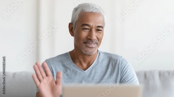 Fototapeta Man smiling and waving during a video call while sitting on a couch in a bright living room.