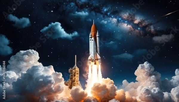 Obraz A rocket launch into space leaves a thick trail of smoke.
