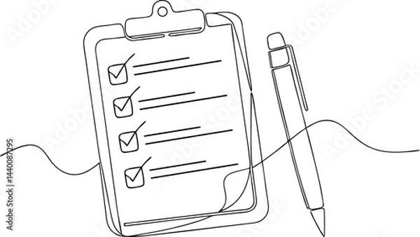 Fototapeta continuous line drawing of clipboard with checklist and pen in clean black and white modern office style
