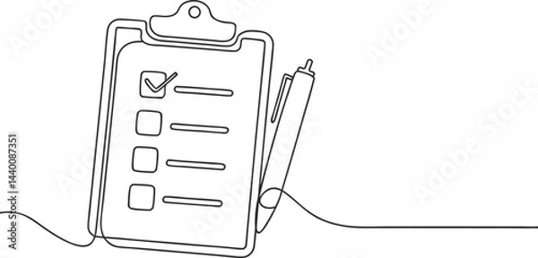 Fototapeta continuous line drawing of clipboard with checklist and pen in clean black and white modern office style