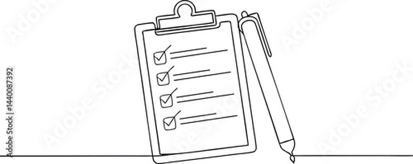 Fototapeta continuous line drawing of clipboard with checklist and pen in clean black and white modern office style