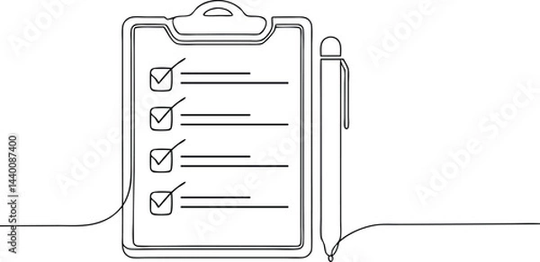 Fototapeta continuous line drawing of clipboard with checklist and pen in clean black and white modern office style