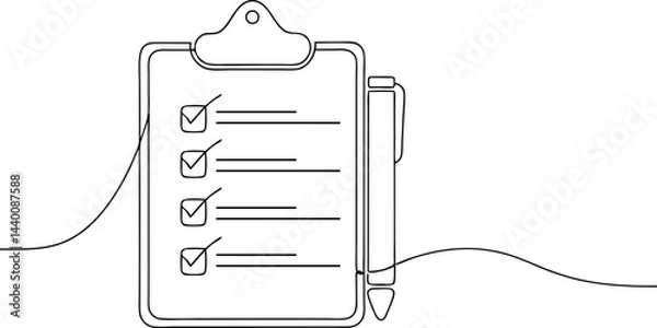 Fototapeta continuous line drawing of clipboard with checklist and pen in clean black and white modern office style