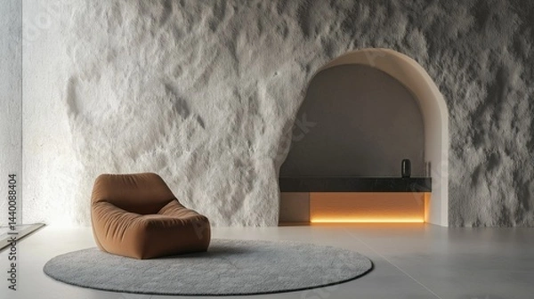 Fototapeta Cozy Cave Retreat:  A serene scene of a modern interior. A comfortable beanbag chair rests on a round carpet, beneath a dramatic stone-textured wall and arched doorway with an inviting ambient light.