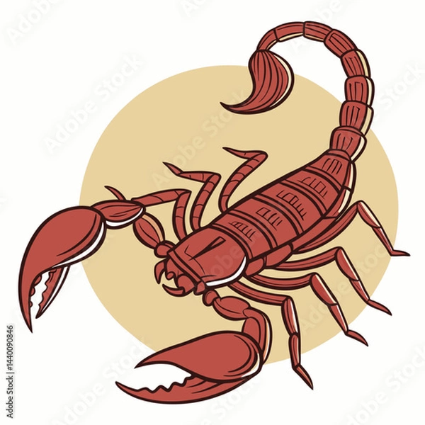 Obraz A detailed vector illustration of the Indian red scorpion (Hottentotta tamulus), showcasing its venomous stinger and predatory stance