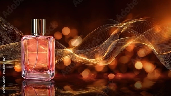 Obraz Square glass perfume bottle with gold cap, filled with orange liquid. Product display with light wave and line patterns on blurred background.