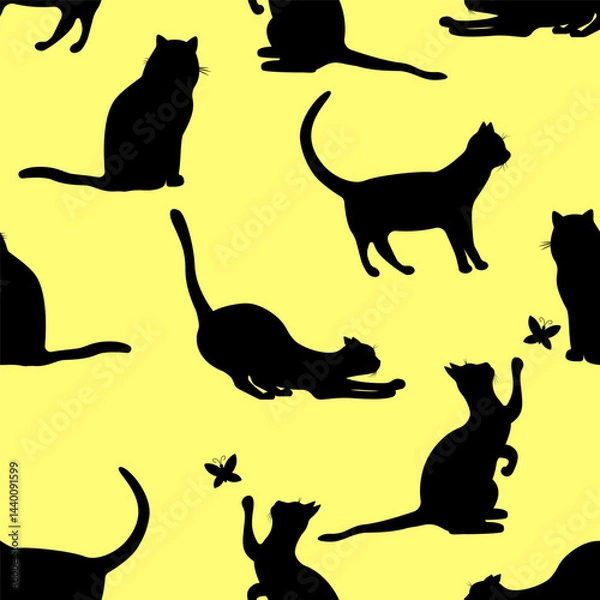 Obraz Seamless pattern silhouettes of black cats on a yellow background.Vector pattern for textiles, backgrounds, and paper.