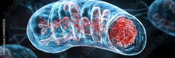 Fototapeta Close up view of a mitochondrion with cristae and matrix in a cell on a dark background in detail