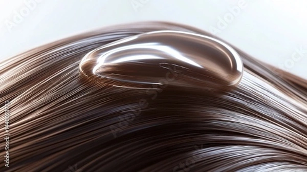 Fototapeta 3D - rendered shiny hair with a serum drop, symbolizing nourishment and repair for damaged hair.