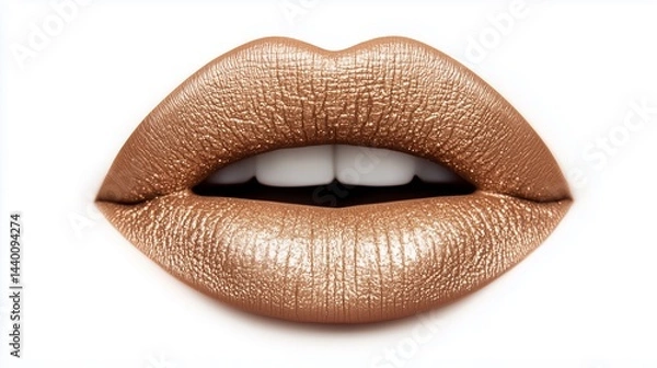 Fototapeta A close-up image of luxurious, metallic bronze lips with a smooth texture and bright white teeth, elegance and beauty.