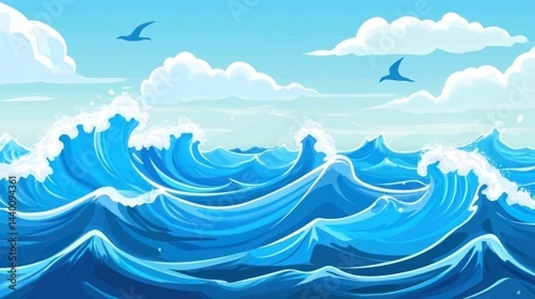 Obraz A vibrant illustration of a calm sea with birds and clouds.