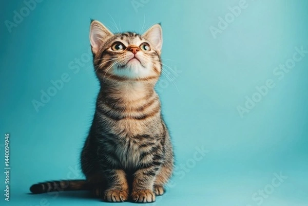 Obraz Cute tabby kitten sitting and looking up on blue background
