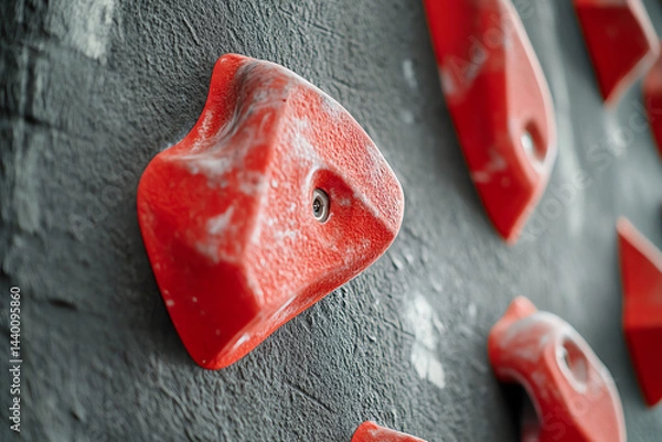 Fototapeta Close - up of Red Climbing Holds on a Gray Climbing Wall